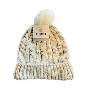 Isotoner Ivory Cable Knit Beanie Cap with Pom New